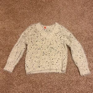 Chelsea & Violet Pattern Sweater Fuzzy V Neck Gray White Black Gold Size Medium